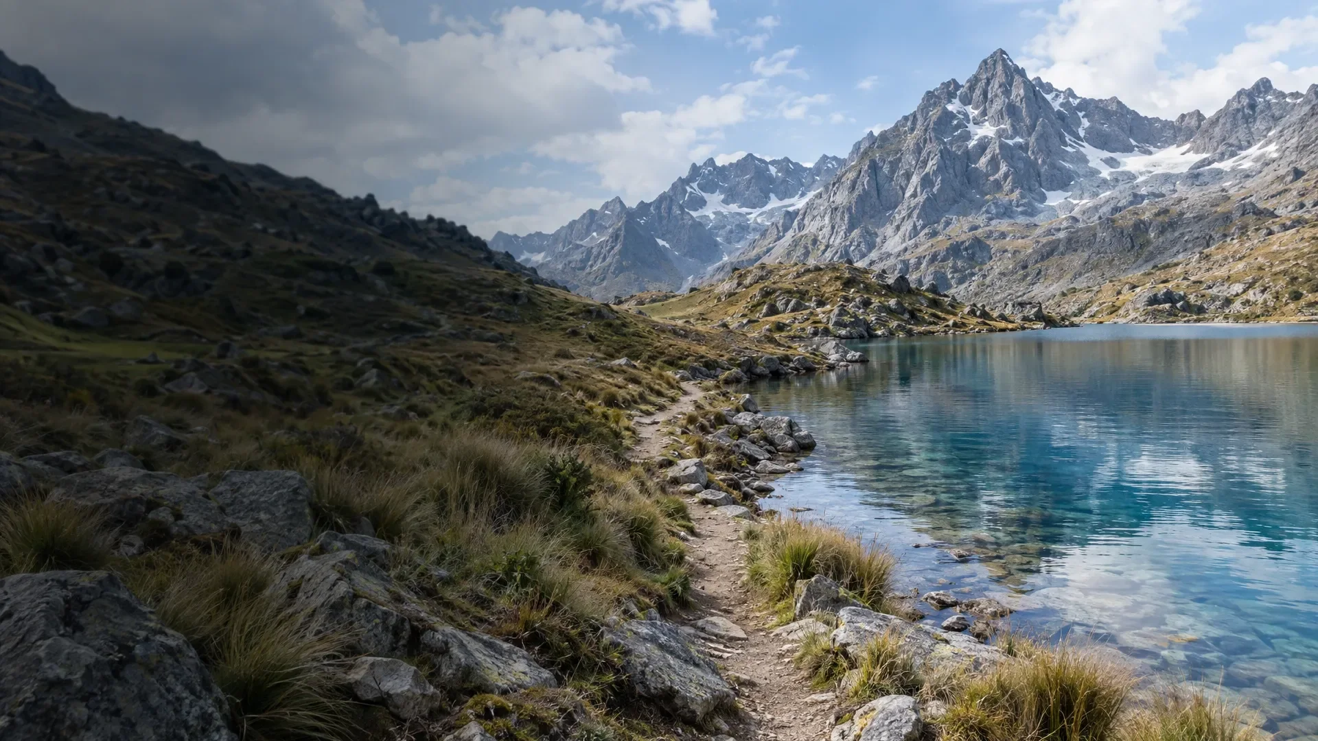 AI-generated illustrative scene: A walking trail beside a highland lake.