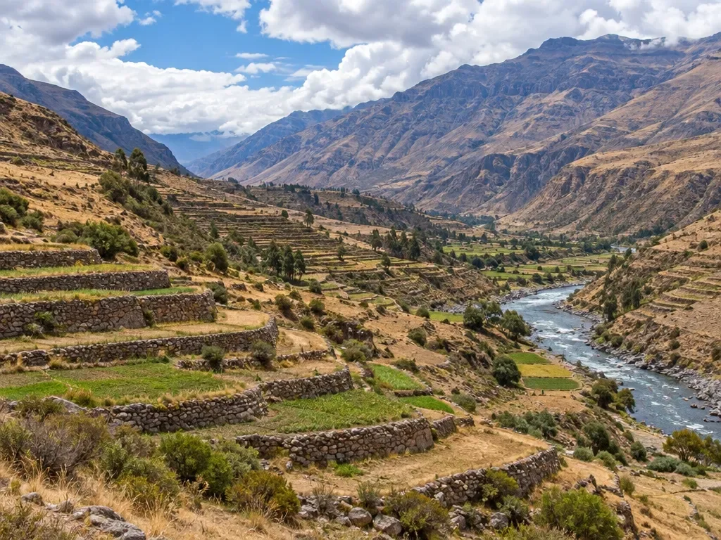 AI-generated scene of agricultural terraces and a river, inspired by the Colca Valley