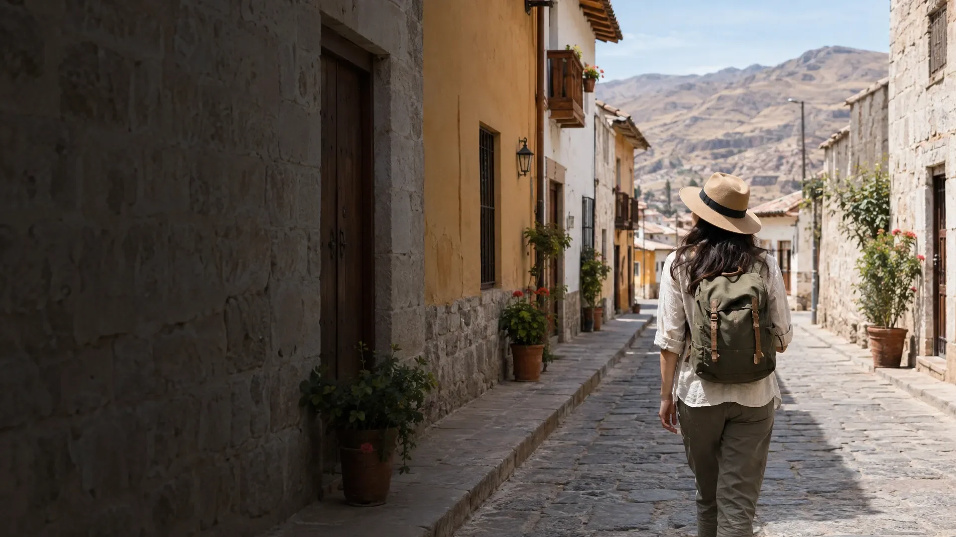 Escena ilustrativa generada con IA: Una calle con casas en una localidad andina.