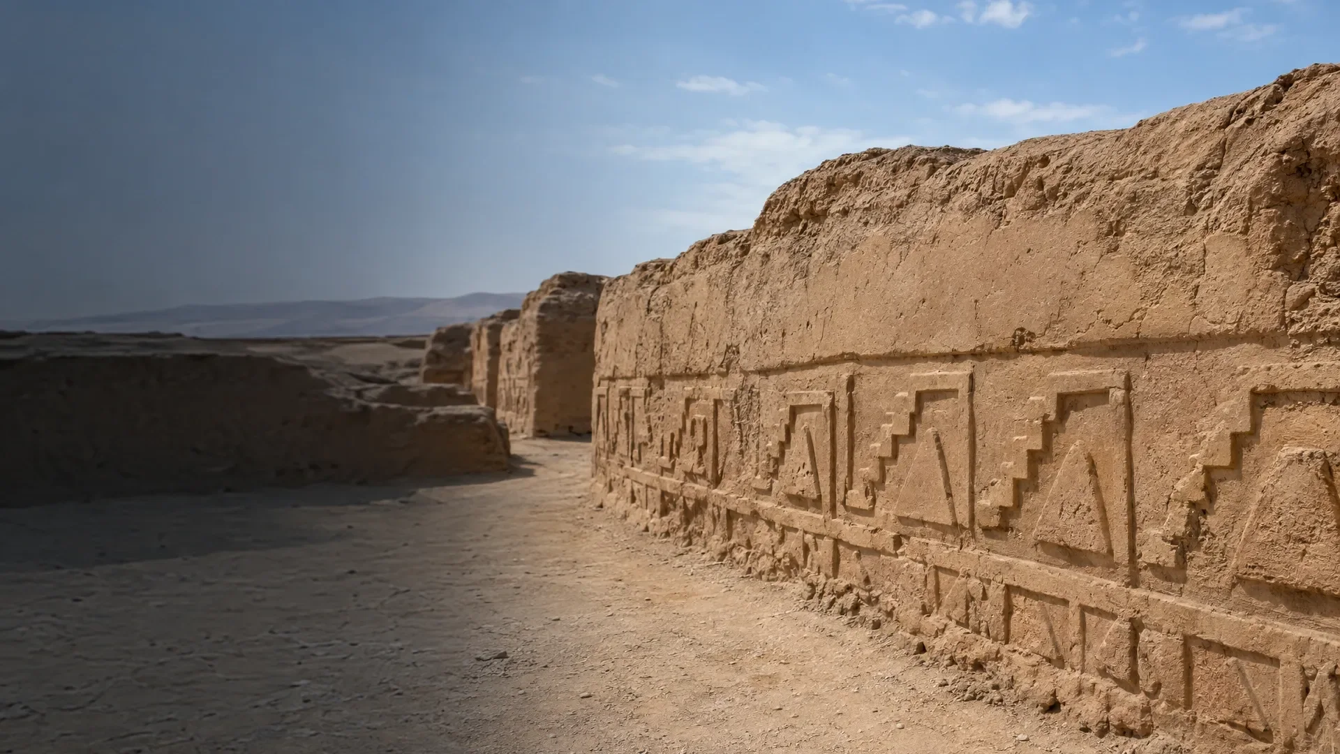 AI-generated illustrative scene: An adobe archaeological wall inspired by pre-Inca architecture.