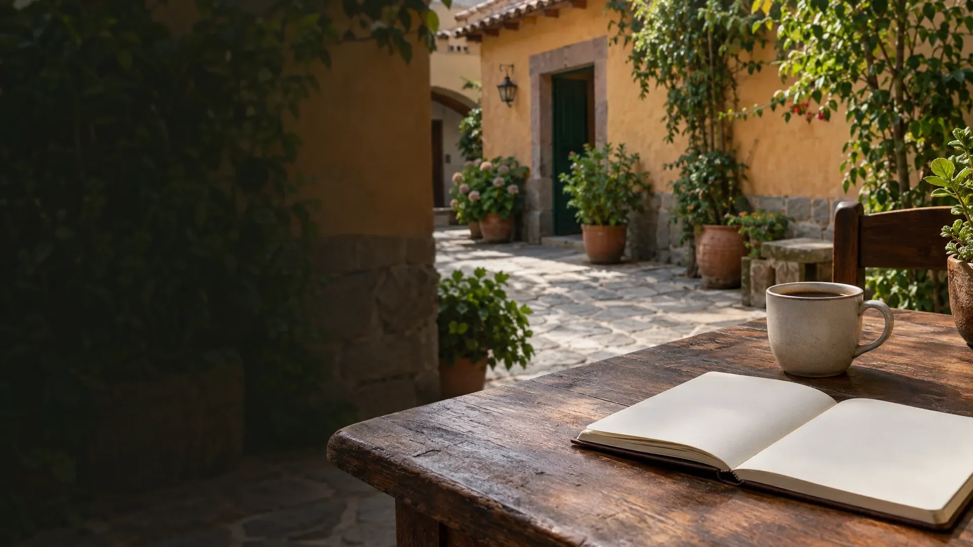AI-generated illustrative scene: A travel notebook on a courtyard table.