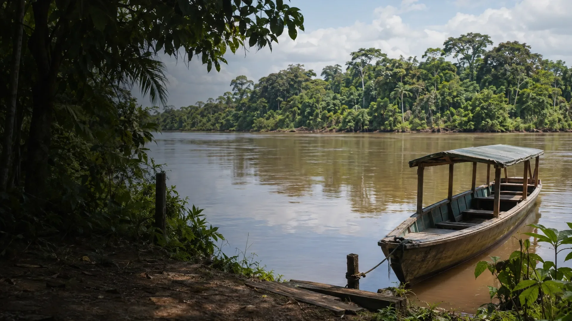 AI-generated illustrative scene: An empty boat on a river beside Amazon forest.