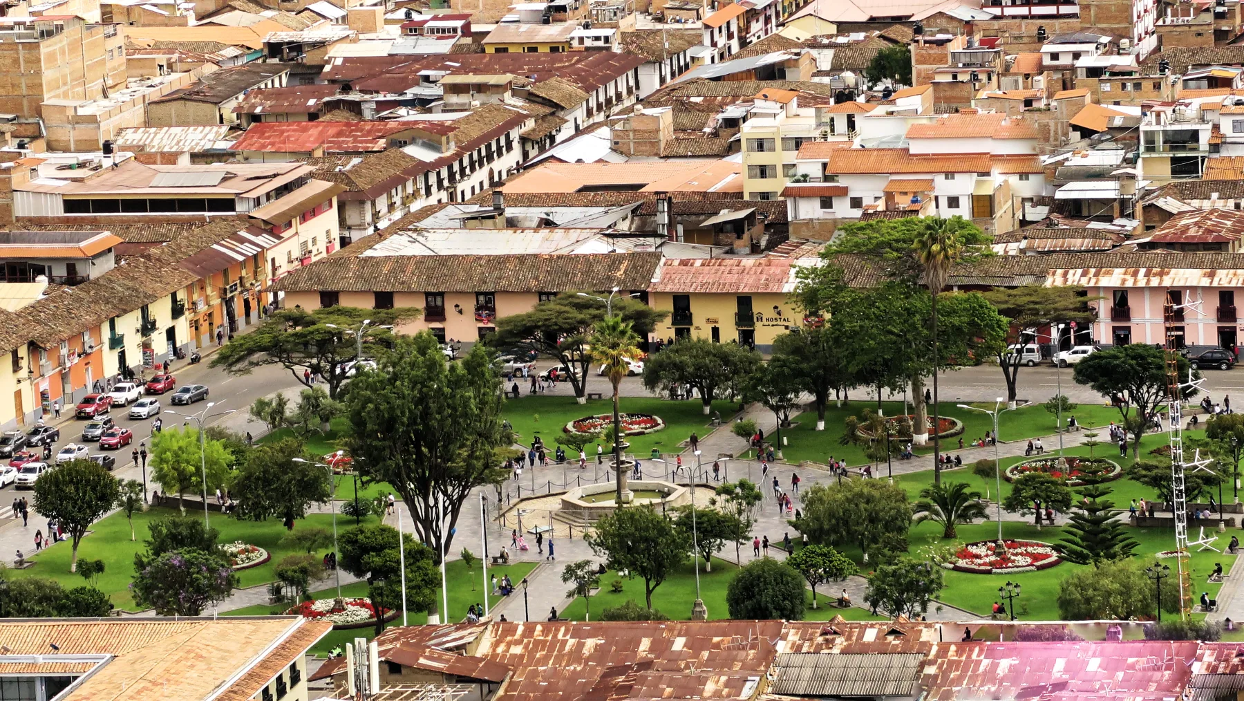 Cajamarca's Plaza de Armas seen from Santa Apolonia, among the city's rooftops.
